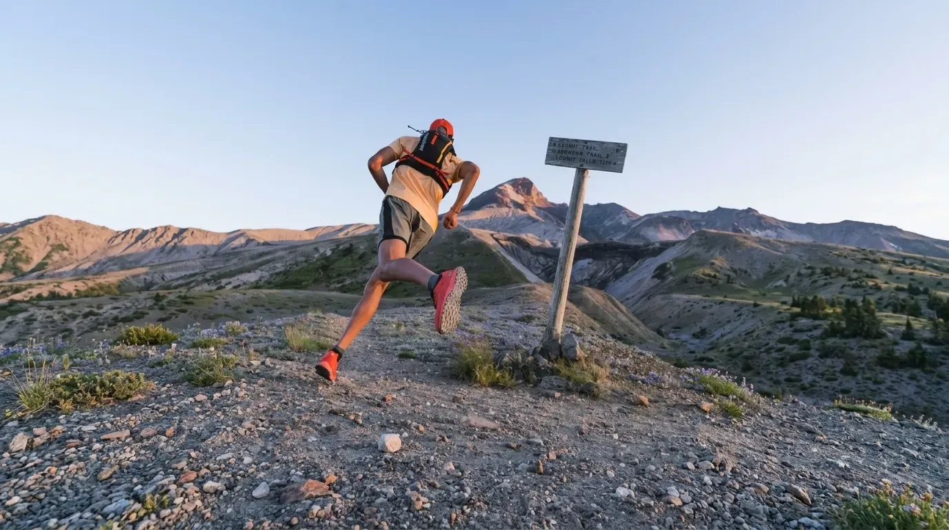 Trail runner climbing a rocky mountain ridge past a trail signpost