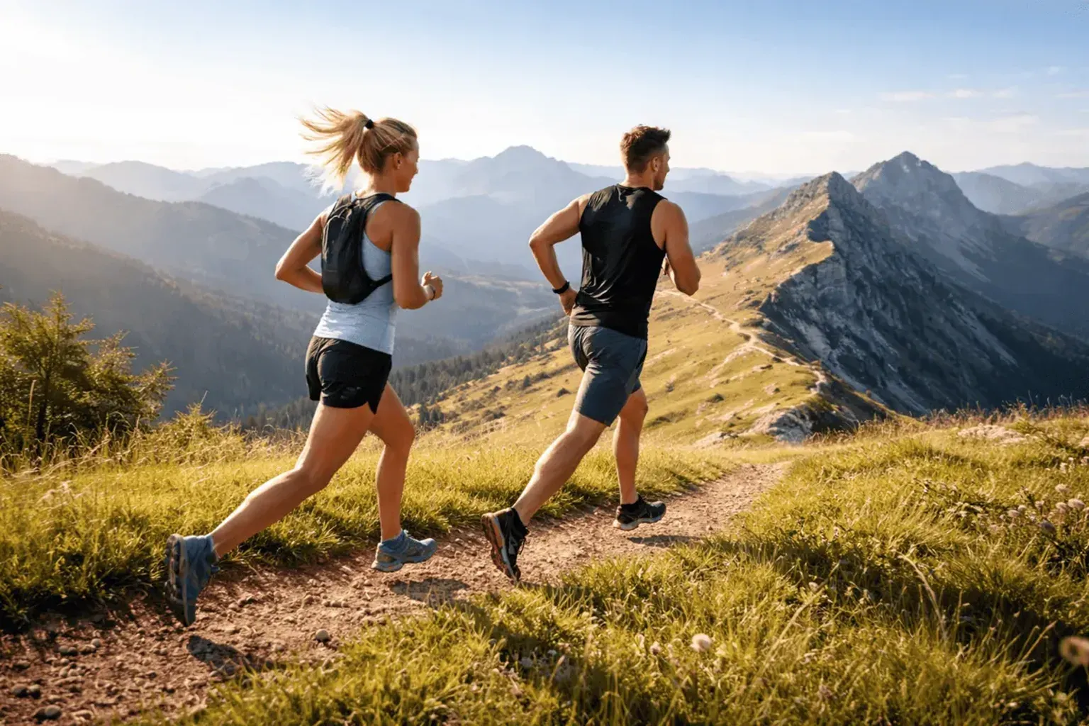 Trail runner following a 20 km training plan on a mountain path at sunrise