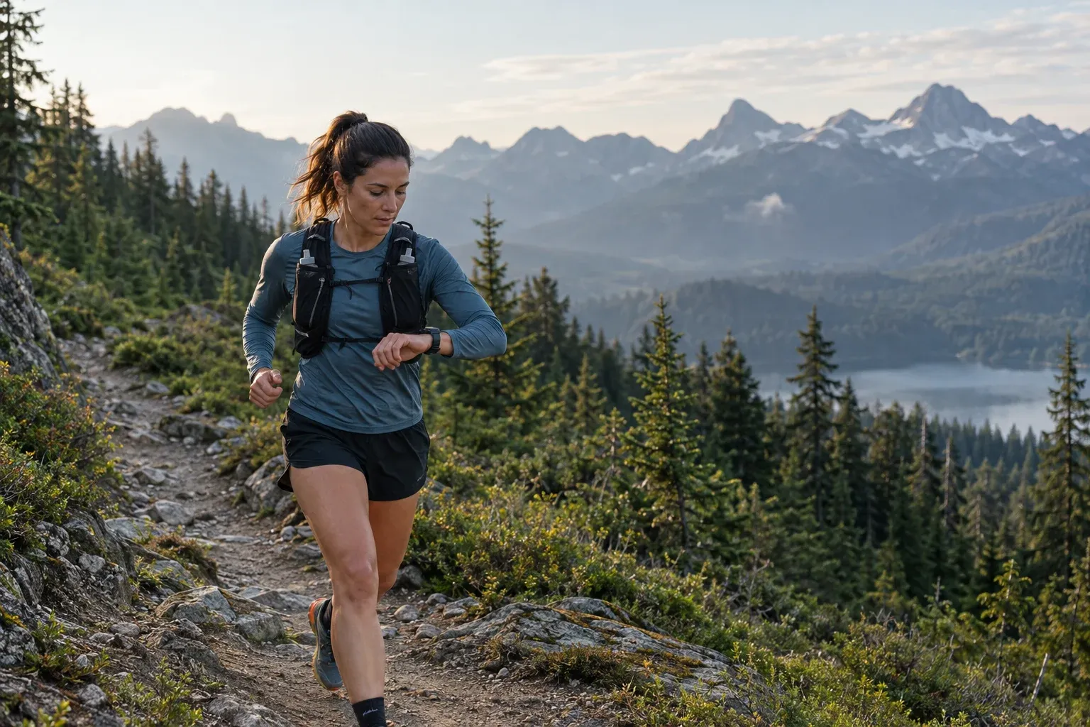Trail runner checking heart rate on a GPS watch during a mountain run