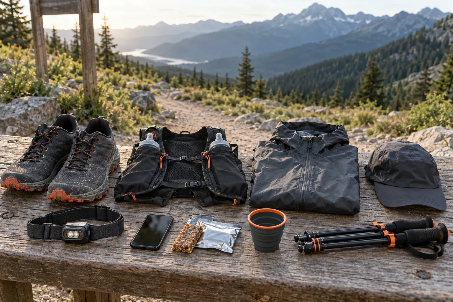 Essential trail-running gear arranged on a wooden table overlooking a mountain trail