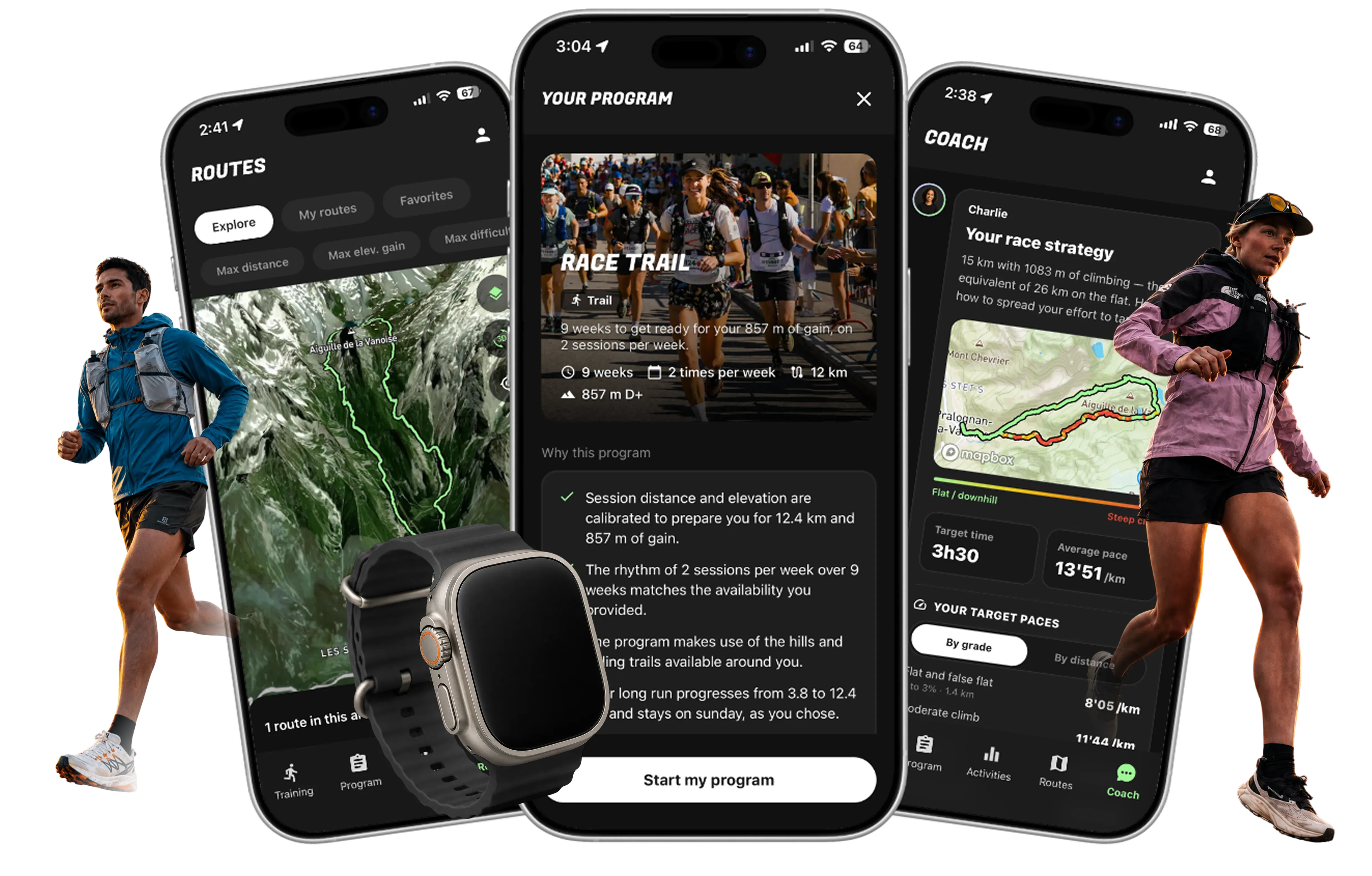 The TrailRun app showing a training plan, a GPS route, and race pacing