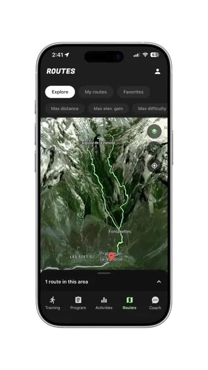 GPS track and route screen in the TrailRun app