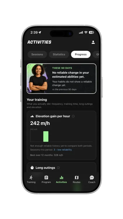 Progress and training load stats in the TrailRun app