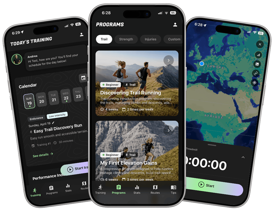 TrailRun App Interface showing metrics and map